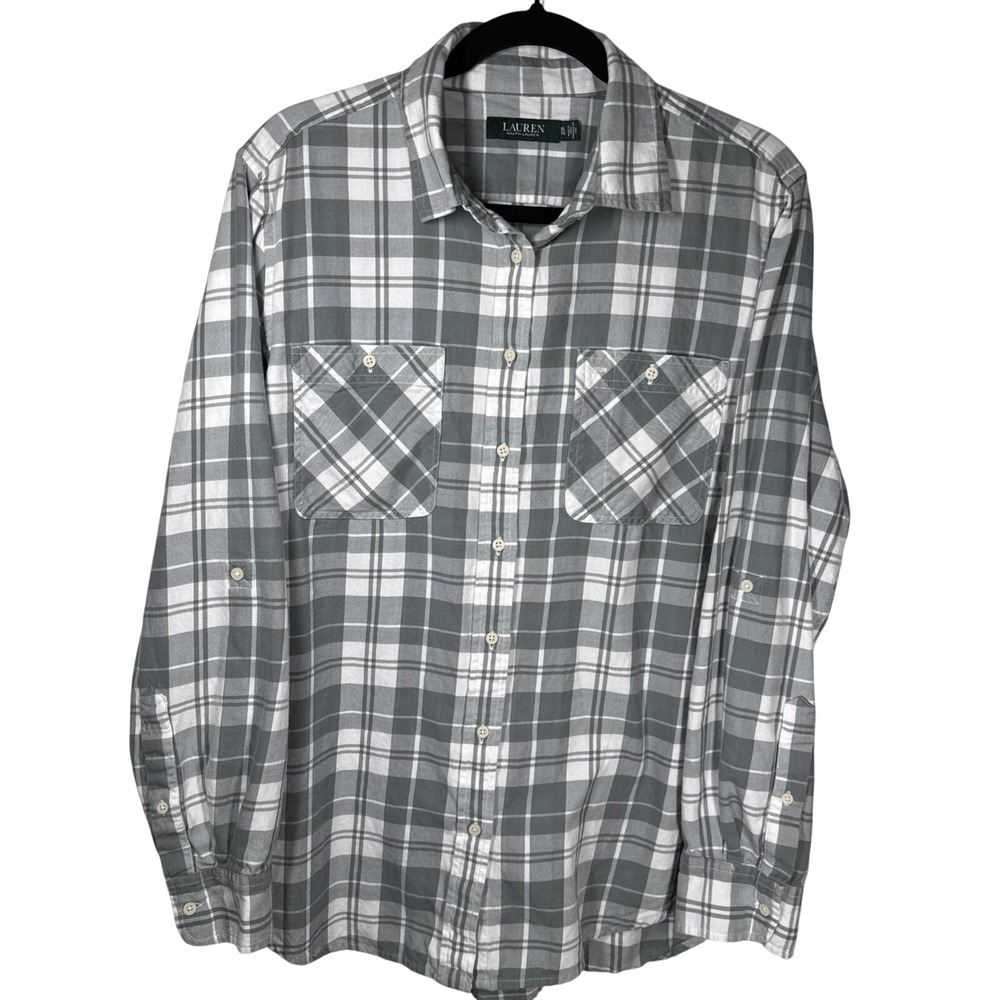 Lauren Ralph Lauren Womens XL Plaid Twill Cotton Roll Tab Sleeve Button Up Shirt